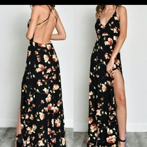 Black floral sexy dress new open back slit large